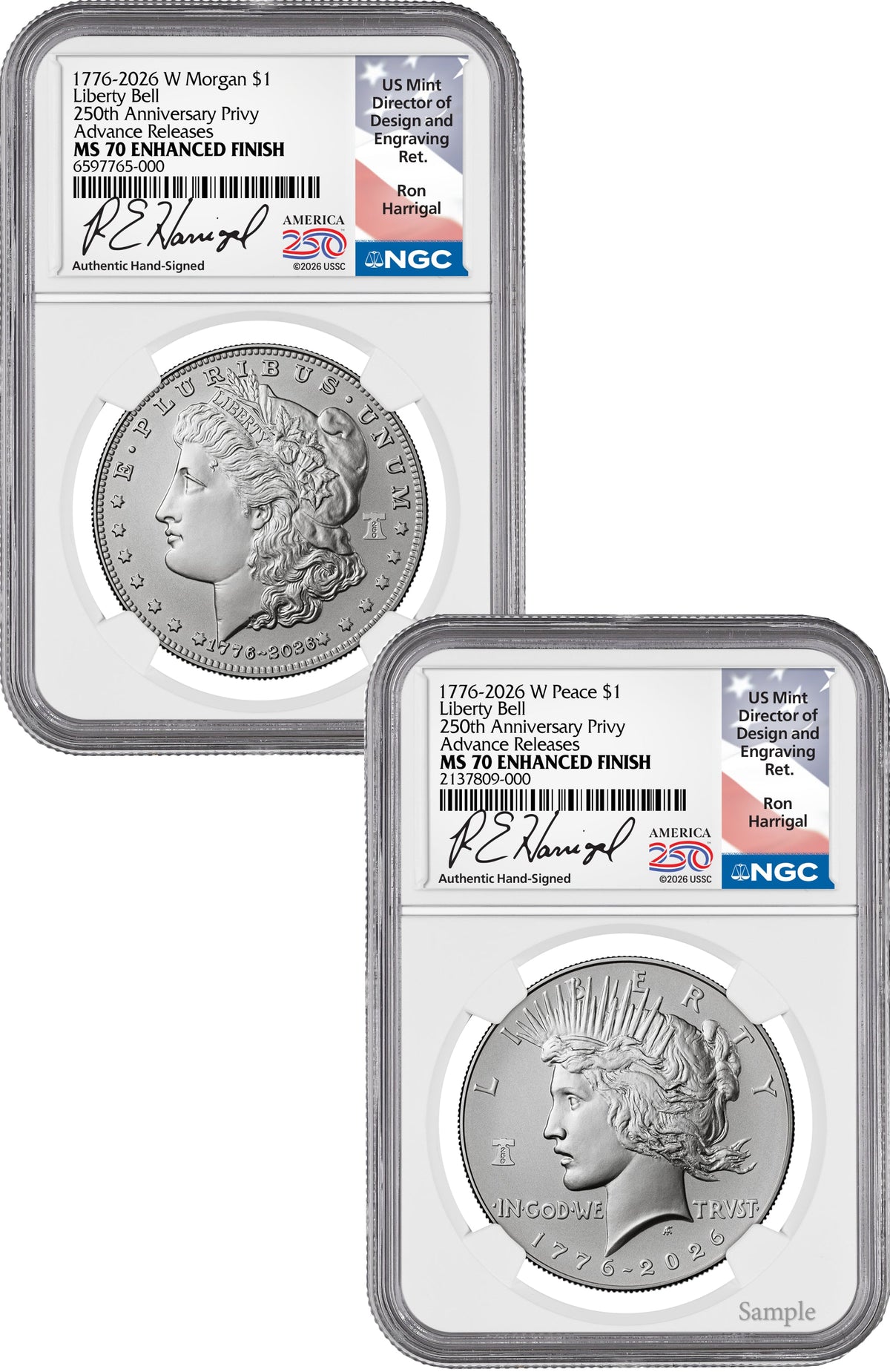2026-W Morgan and Peace Dollar Enhanced 2-Coin Set NGC MS70 AR Harrigal Label