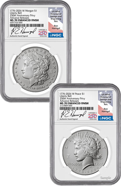 2026-W Morgan and Peace Dollar Enhanced 2-Coin Set NGC MS70 AR Harrigal Label