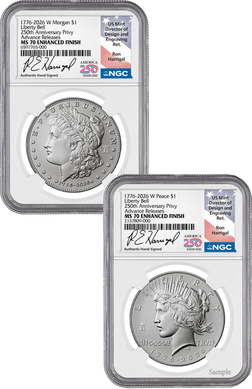2026-W Morgan and Peace Dollar Enhanced 2-Coin Set NGC MS70 AR Harrigal Label