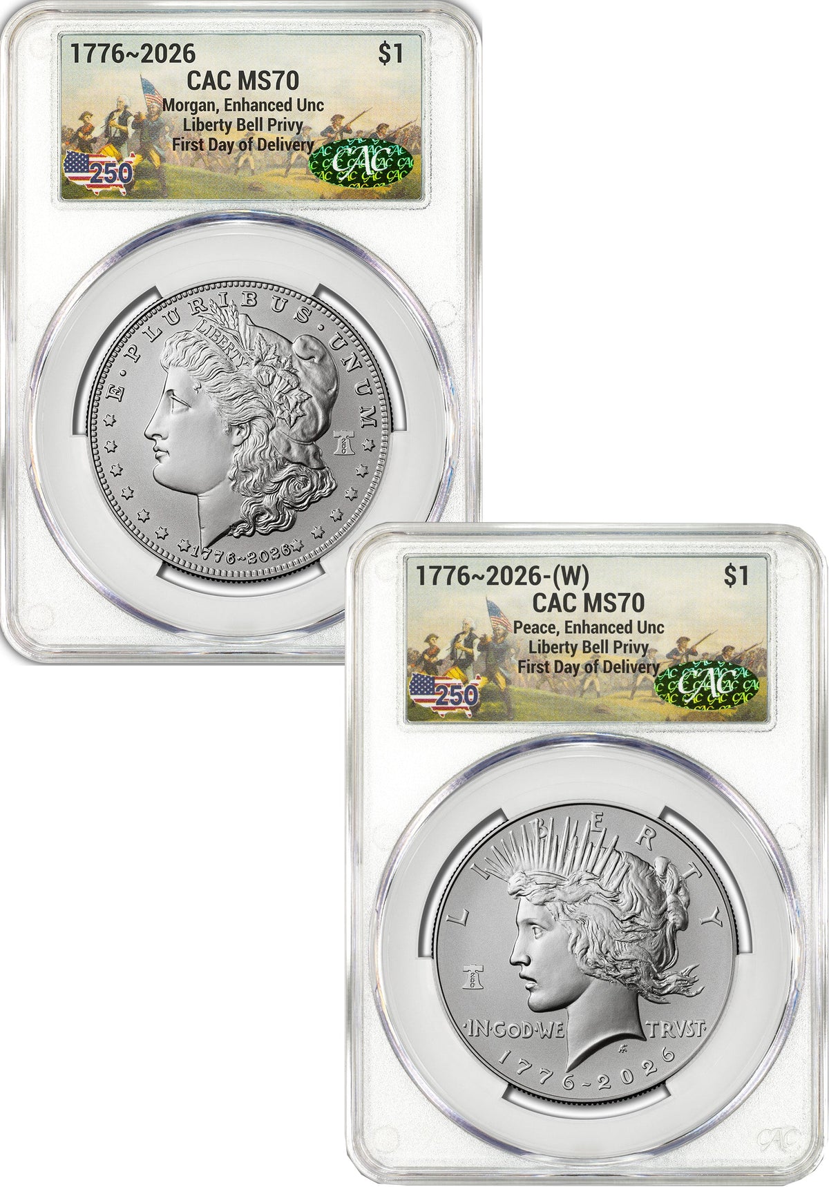 2026-W Morgan and Peace Dollar Enhanced 2-Coin Set CAC MS70 FDD Battlefield Label