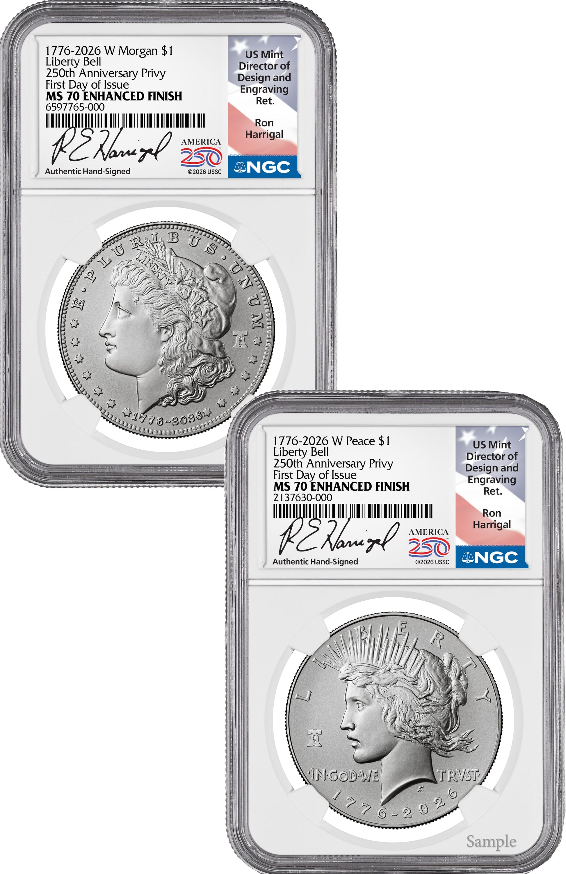2026-W Morgan and Peace Dollar Enhanced 2-Coin Set NGC MS70 FDI Harrigal Label