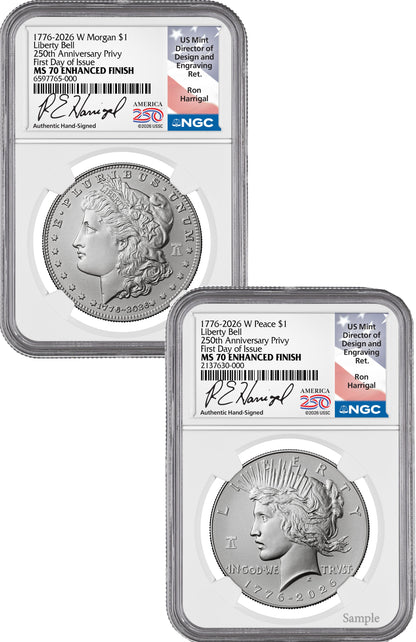 2026-W Morgan and Peace Dollar Enhanced 2-Coin Set NGC MS70 FDI Harrigal Label