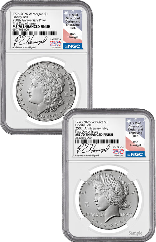 2026-W Morgan and Peace Dollar Enhanced 2-Coin Set NGC MS70 FDI Harrigal Label