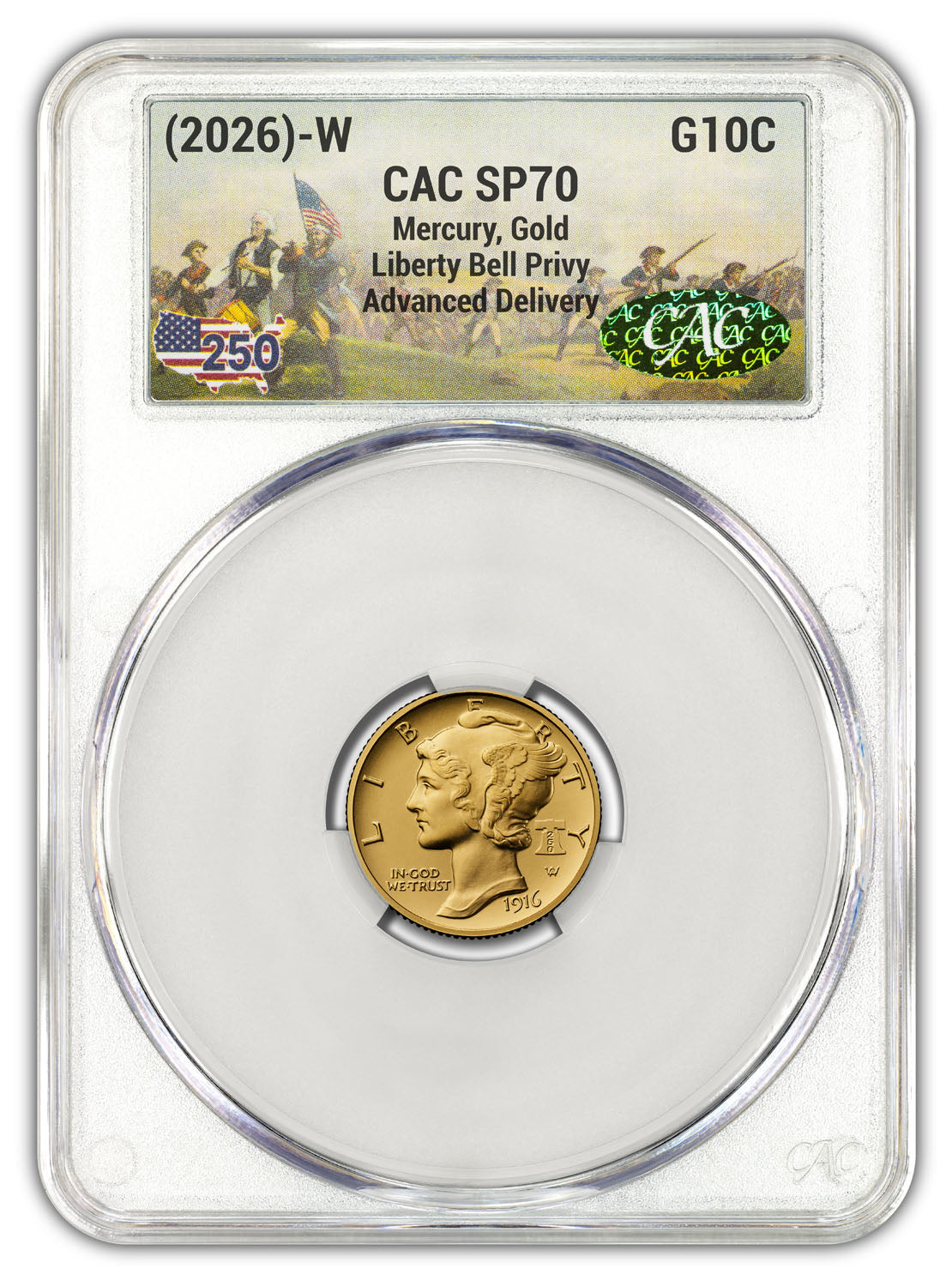 2026-W 1916 Mercury Gold Coin FDD CAC SP70 250 Battlefield Label
