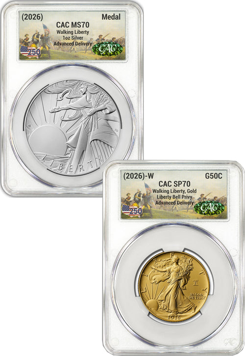 2026-W Gold Walking Liberty Half & Silver Medal Set AD CAC SP70/MS70 Battlefield
