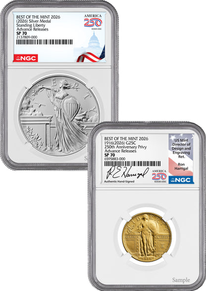 2026 Best of Mint 1916 Standing Gold Liberty Quarter & Silver Medal Set AR NGC SP70 Harrigal