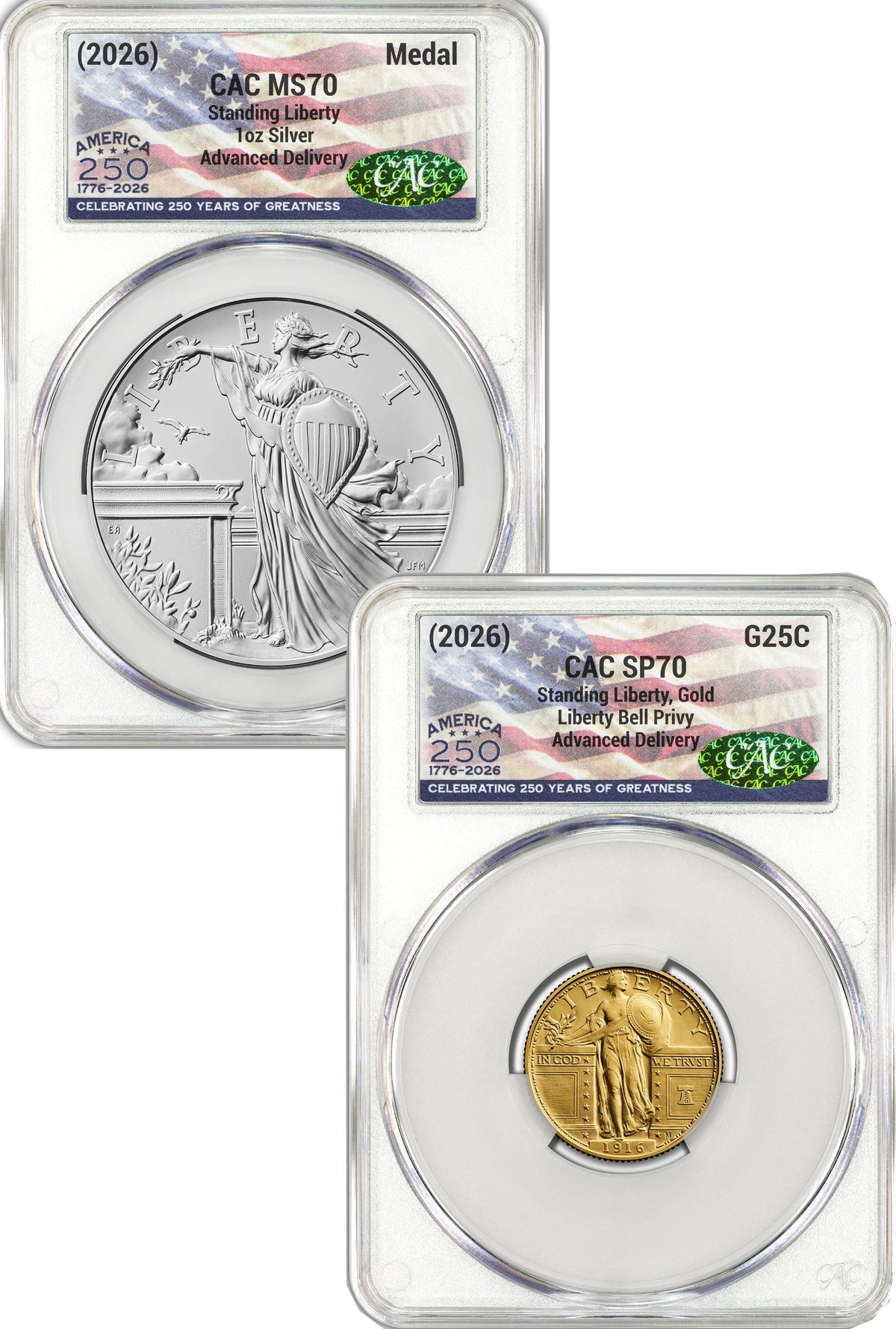 2026 Best of Mint 1916 Standing Gold Liberty Quarter & Silver Medal Set AD CAC SP70/MS70 Flag