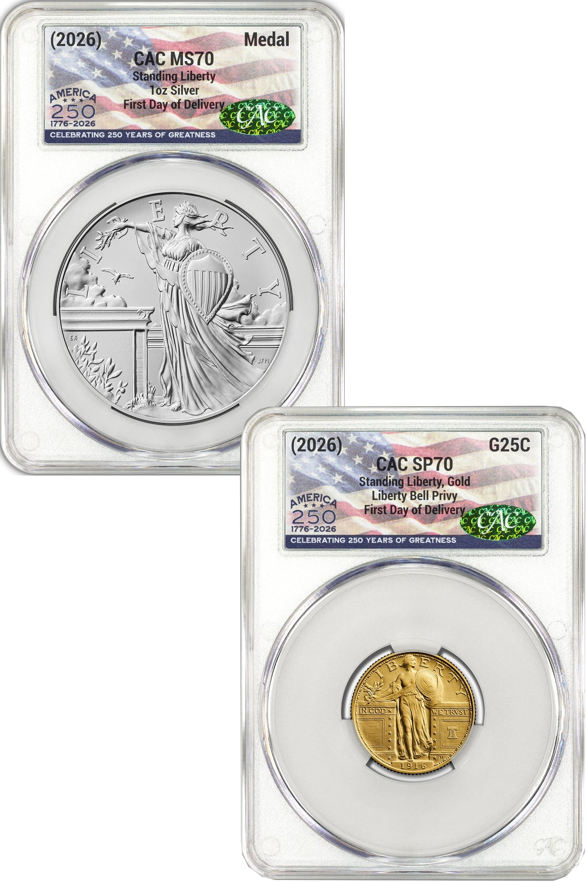 2026 Best of the Mint 1916 Gold Standing Liberty Quarter & Silver Medal Set FDD CAC SP70/MS70 Flag