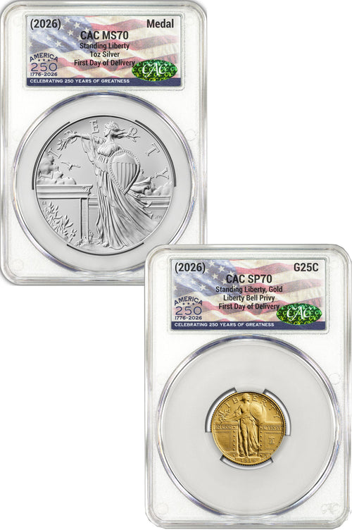 2026 Best of the Mint 1916 Gold Standing Liberty Quarter & Silver Medal Set FDD CAC SP70/MS70 Flag