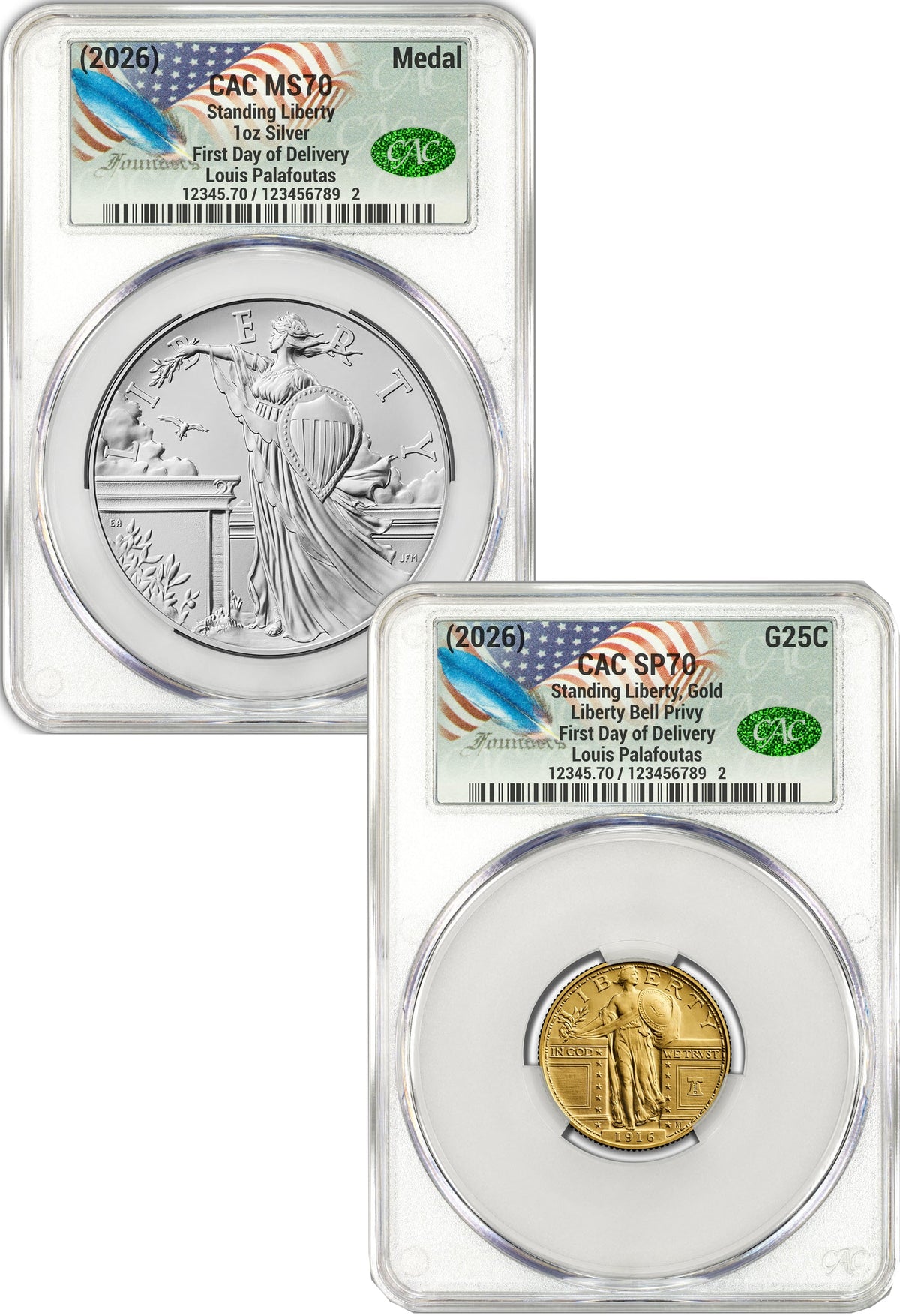 2026 Best of the Mint 1916 Gold Standing Liberty Quarter & Silver Medal Set FDD CAC SP70/MS70 Founders