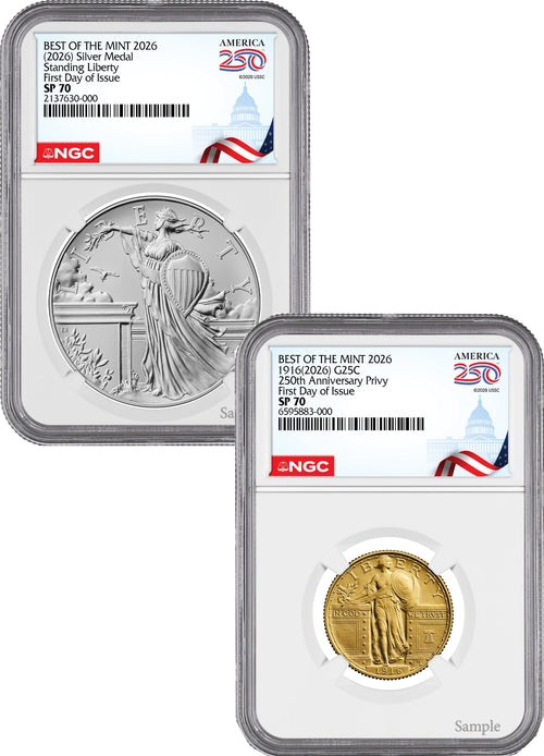 2026 Best of the Mint 1916 Gold Standing Liberty Quarter & Silver Medal Set FDI NGC SP70 Congress