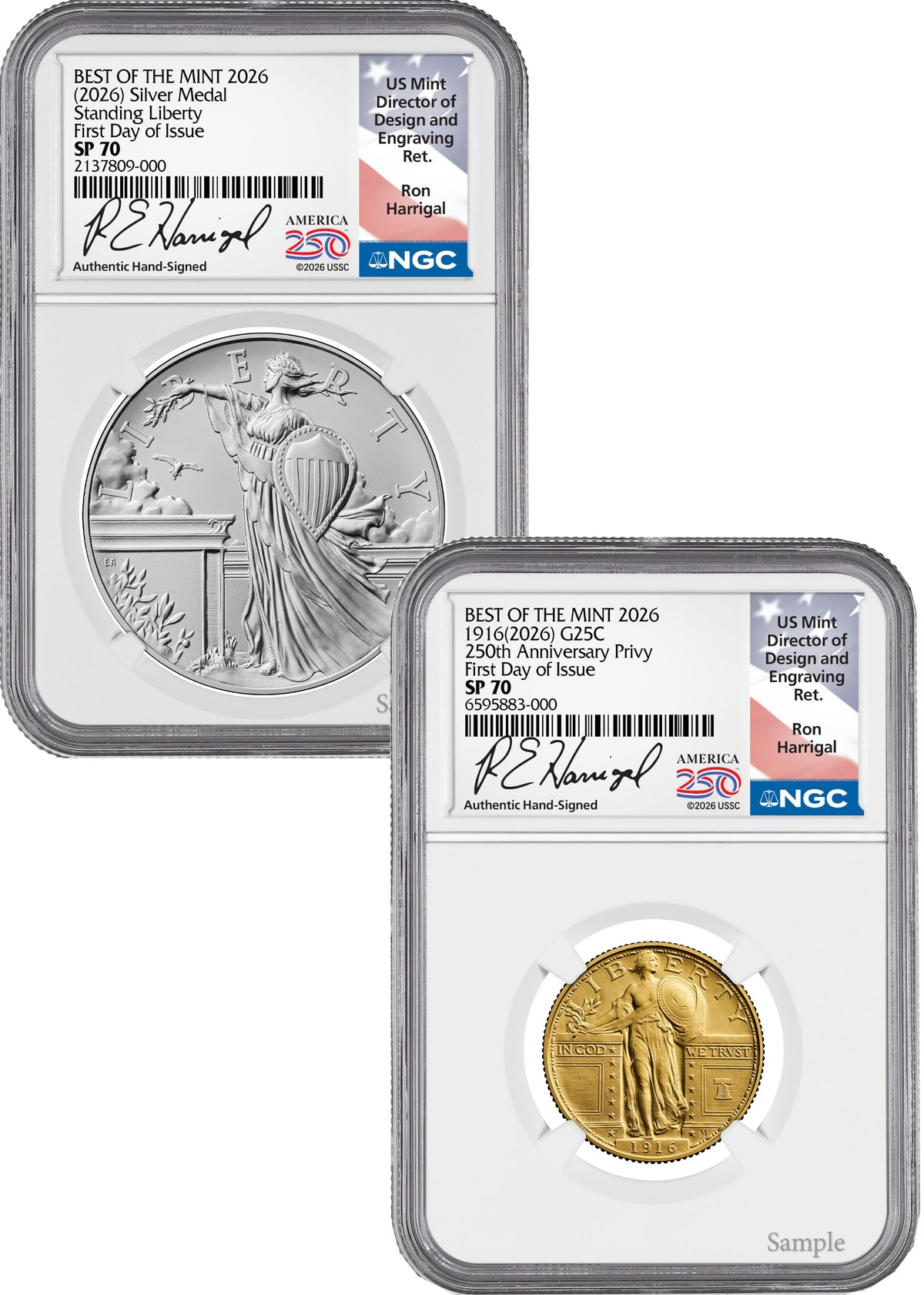 2026 Best of the Mint 1916 Gold Standing Liberty Quarter & Silver Medal Set FDI NGC SP70 Harrigal