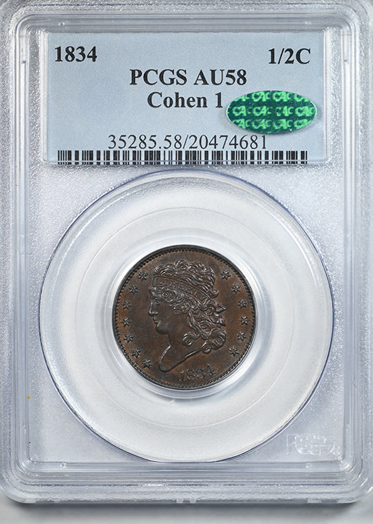 1834 Classic Head Half Cent 1/2C PCGS AU58 CAC Cohen 1 C-1