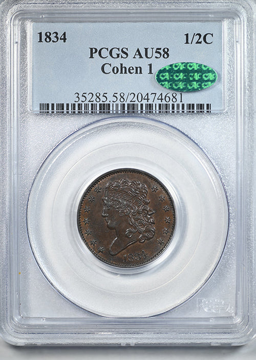 1834 Classic Head Half Cent 1/2C PCGS AU58 CAC Cohen 1 C-1