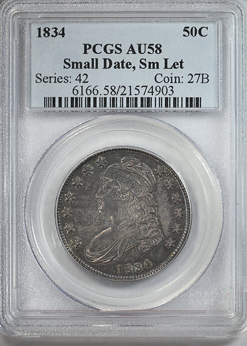 1834 Capped Bust Half Dollar 50C PCGS AU58 - Small Date, Small Letters