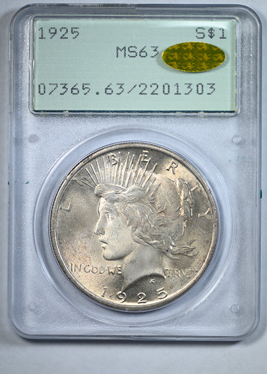 1925 Peace Dollar $1 PCGS Rattler MS63 Gold CAC