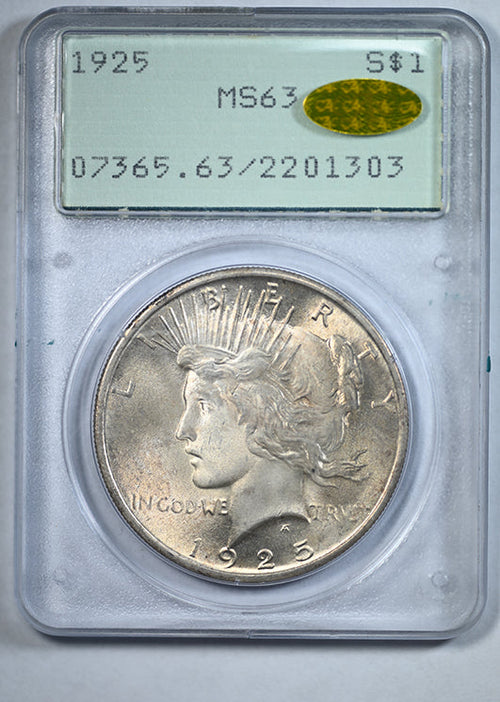 1925 Peace Dollar $1 PCGS Rattler MS63 Gold CAC