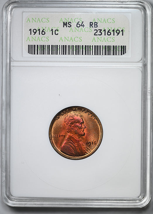 1916 Lincoln Wheat Cent 1C ANACS Soapbox MS64RB - TONED!