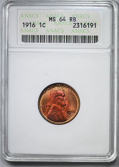 1916 Lincoln Wheat Cent 1C ANACS Soapbox MS64RB - TONED!