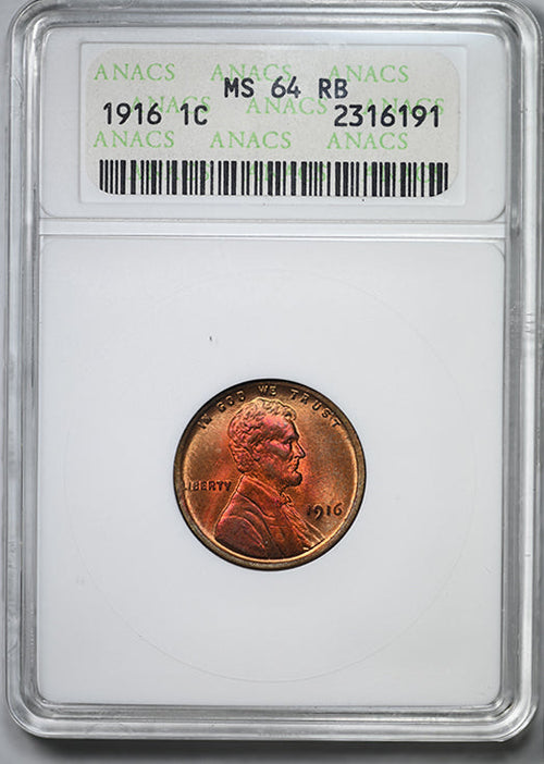 1916 Lincoln Wheat Cent 1C ANACS Soapbox MS64RB - TONED!