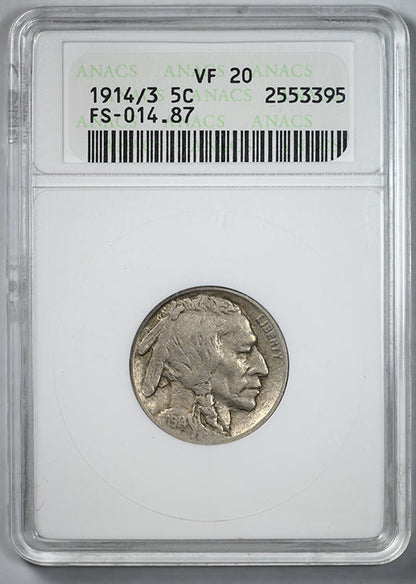 1914/3 Buffalo Nickel 5C ANACS Soapbox VF20 FS-014.87
