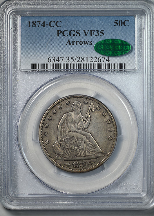 1874-CC Liberty Seated Half Dollar 50C PCGS VF35 CAC - Arrows