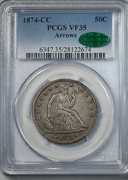 1874-CC Liberty Seated Half Dollar 50C PCGS VF35 CAC - Arrows