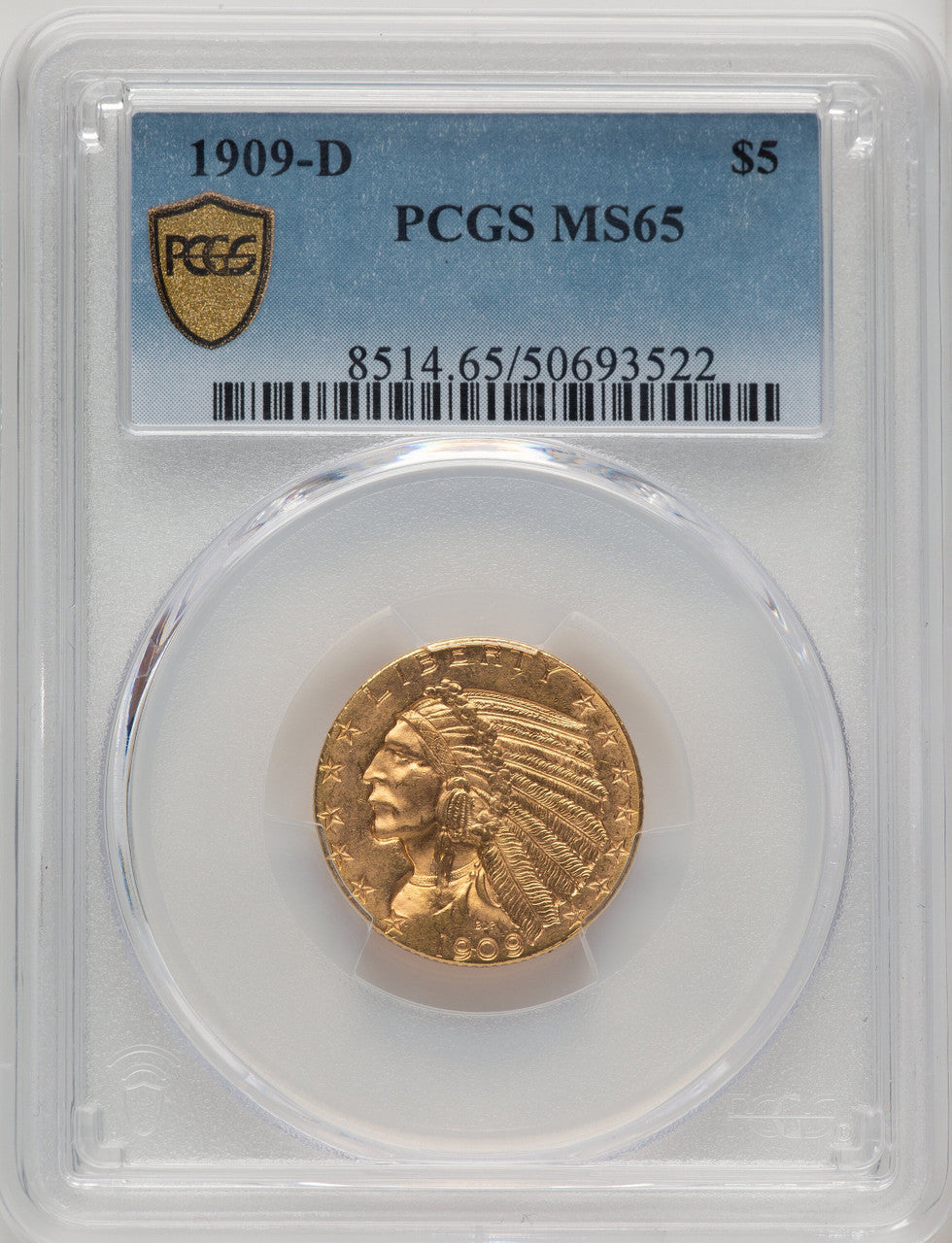 1909-D $5 Blue Gradient Indian Half Eagle PCGS MS65