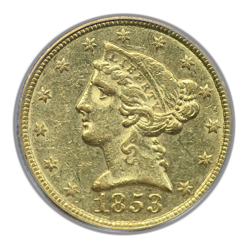 1853-C Liberty Head Gold Half Eagle $5 PCGS AU53 - CHARLOTTE GOLD!