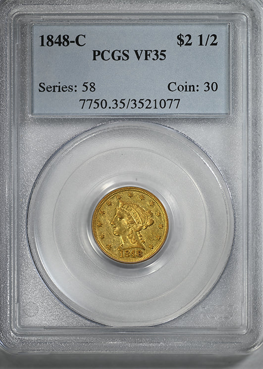 1848-C Liberty Head Gold Quarter Eagle $2.50 PCGS VF35 - CHARLOTTE GOLD!