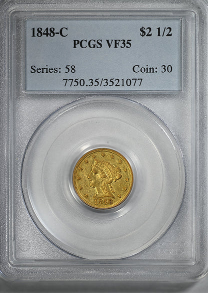 1848-C Liberty Head Gold Quarter Eagle $2.50 PCGS VF35 - CHARLOTTE GOLD!
