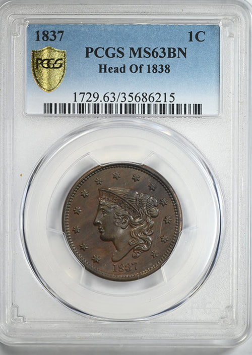 1837 Coronet Head Large Cent 1C PCGS MS63BN - Head of 1838