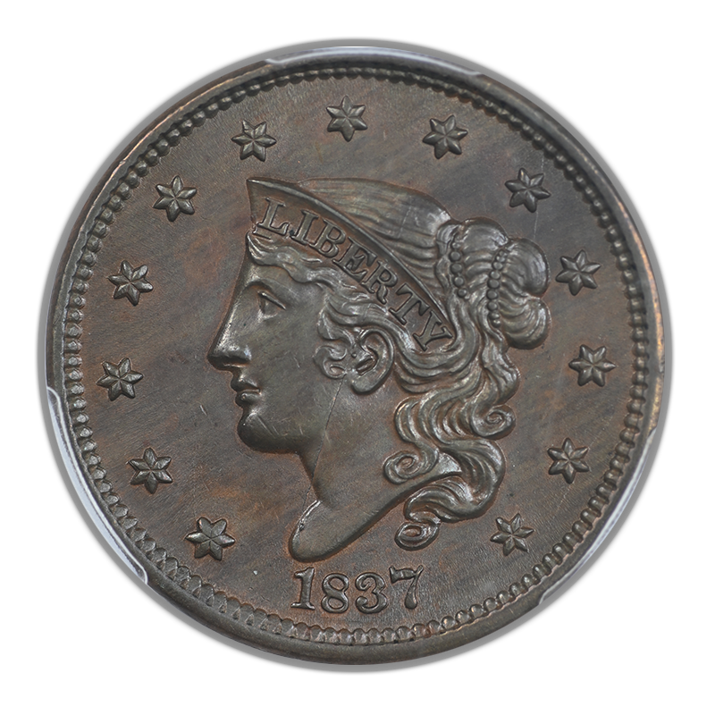 1837 Coronet Head Large Cent 1C PCGS MS63BN - Head of 1838