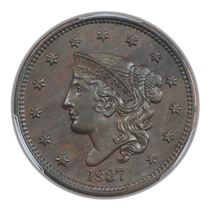 1837 Coronet Head Large Cent 1C PCGS MS63BN - Head of 1838
