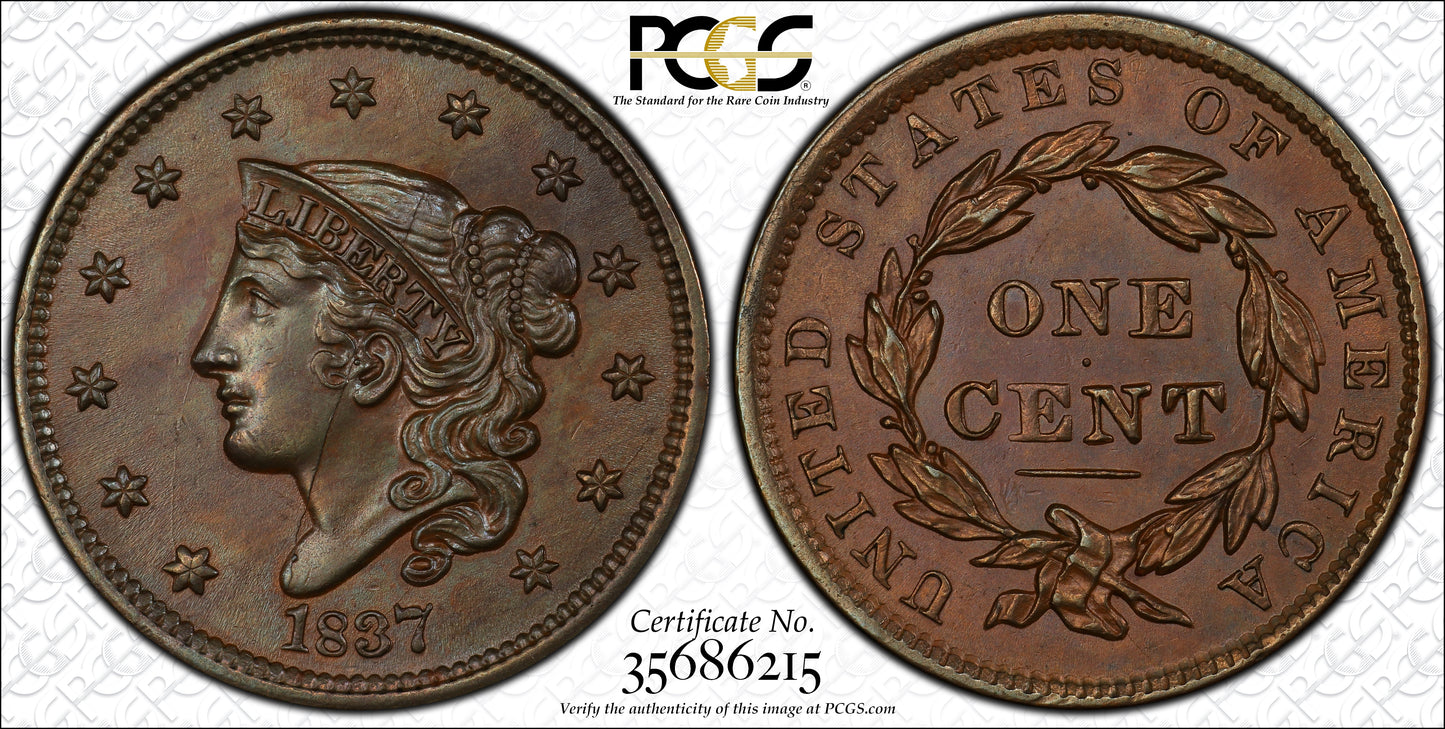 1837 Coronet Head Large Cent 1C PCGS MS63BN - Head of 1838