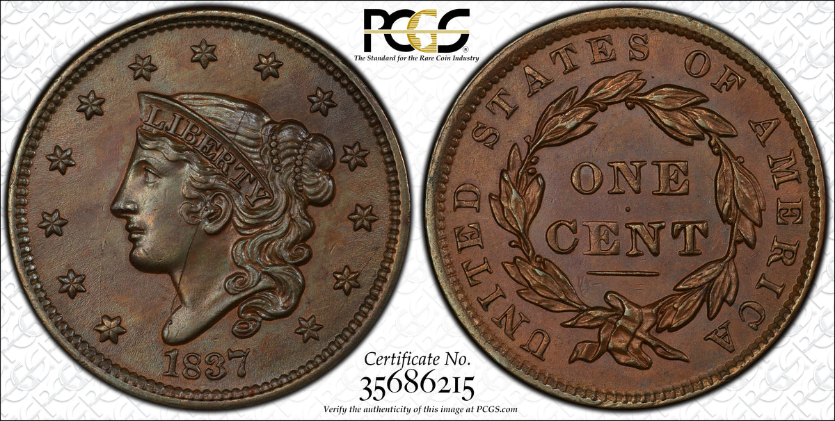 1837 Coronet Head Large Cent 1C PCGS MS63BN - Head of 1838