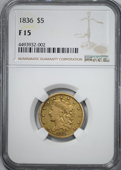 1836 Classic Head Gold Half Eagle $5 NGC F15