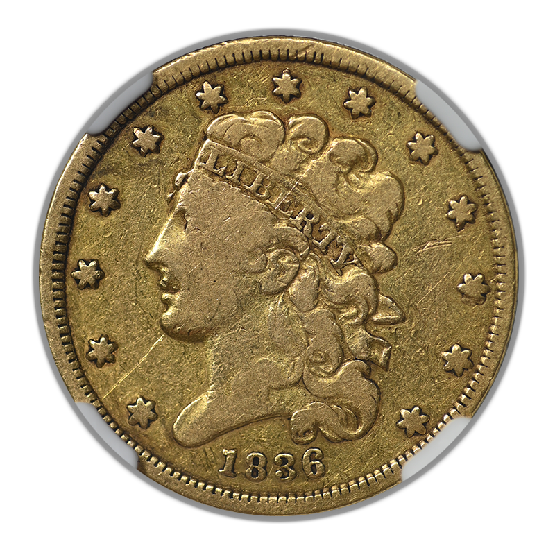 1836 Classic Head Gold Half Eagle $5 NGC F15