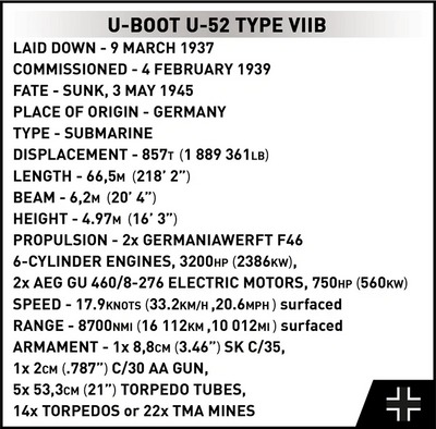 U-Boot U-52 (Type VIIB) Submarine, WWII: COBI Set #4852
