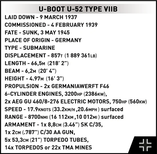 U-Boot U-52 (Type VIIB) Submarine, WWII: COBI Set #4852