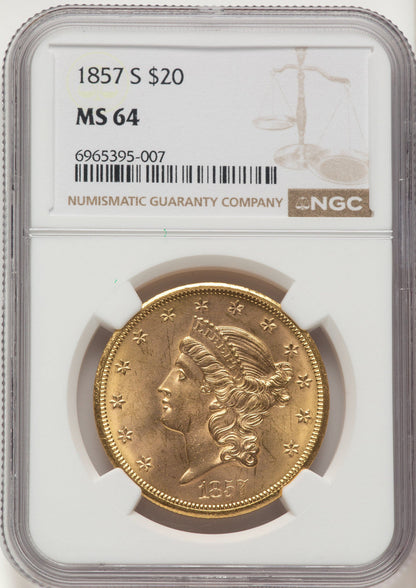 1857-S $20 Liberty Double Eagle NGC MS64