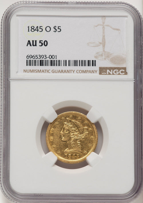 1845-O $5 Liberty Half Eagle NGC AU50