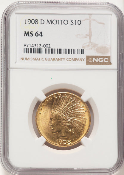 1908-D $10 MOTTO Indian Eagle NGC MS64