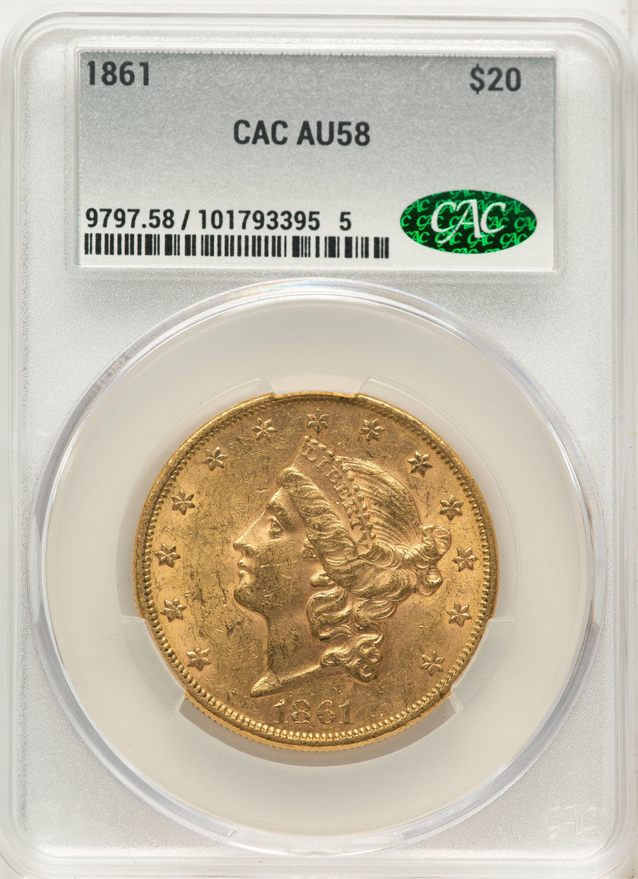 1861 $20 Liberty Double Eagle CACG AU58