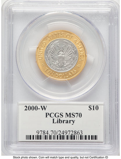 2000-W $10 Library of Congress Bi-Metallic Gold 0.2509 oz and Platinum 0.2509 oz John Modern Issues PCGS MS70 Mercanti