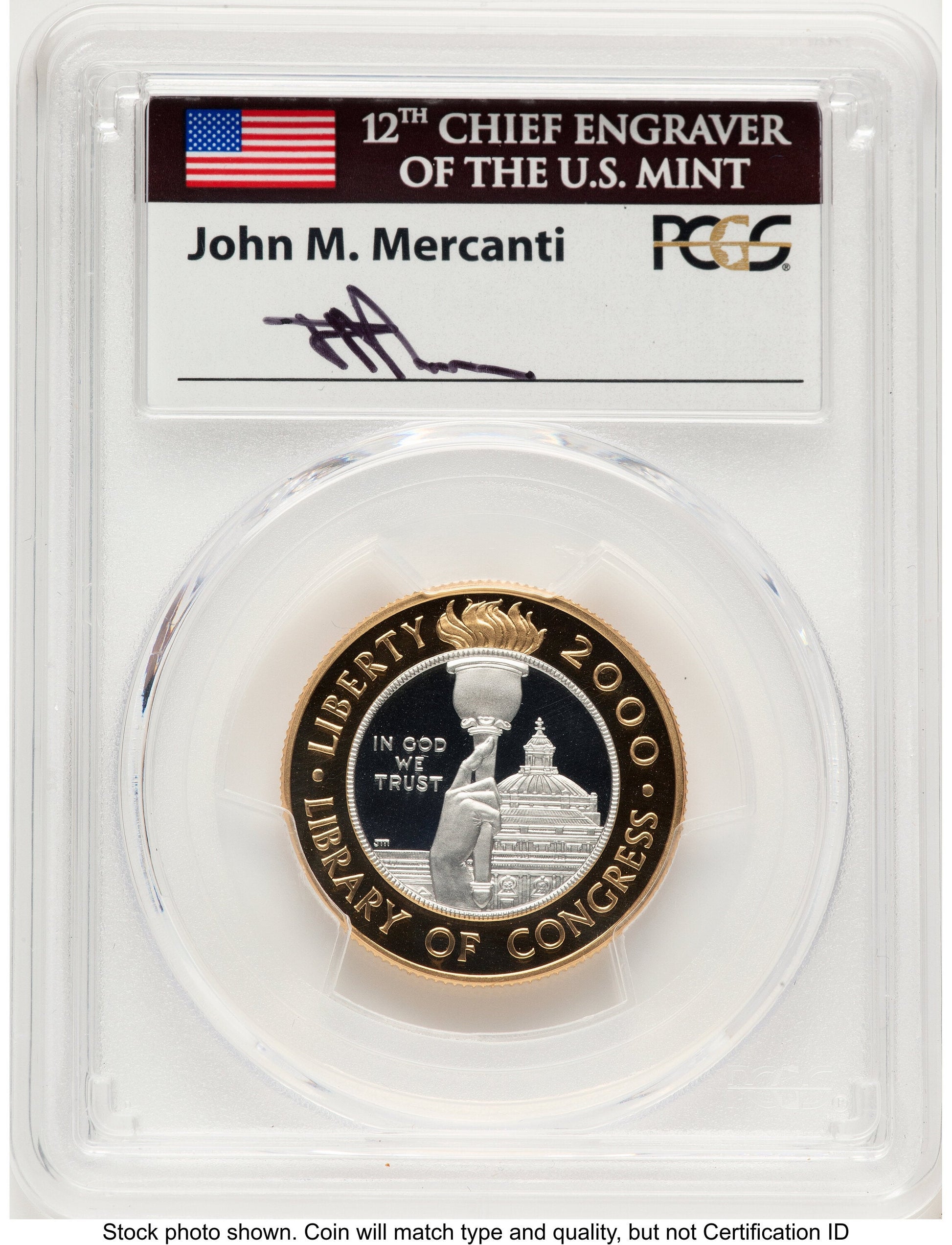 2000-W $10 Library of Congress Bi-Metallic Gold 0.2509 oz and Platinum 0.2509 oz John Proof Commemorative Gold PCGS PR70 Mercanti