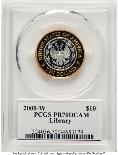 2000-W $10 Library of Congress Bi-Metallic Gold 0.2509 oz and Platinum 0.2509 oz John Proof Commemorative Gold PCGS PR70 Mercanti