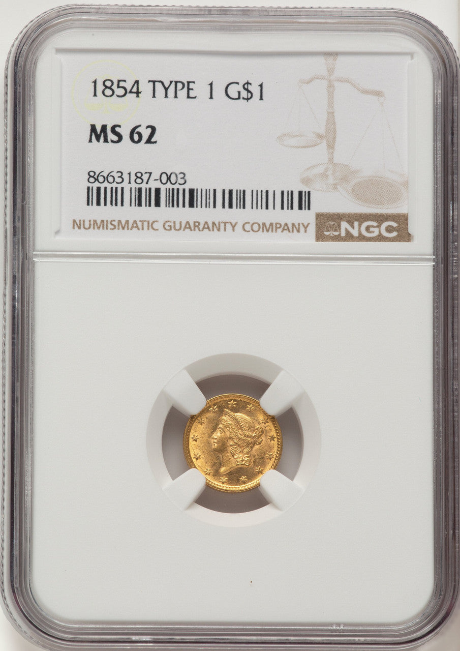 1854 G$1 T-1 Gold Dollar NGC MS62
