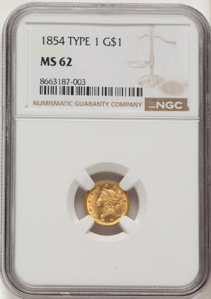 1854 G$1 T-1 Gold Dollar NGC MS62