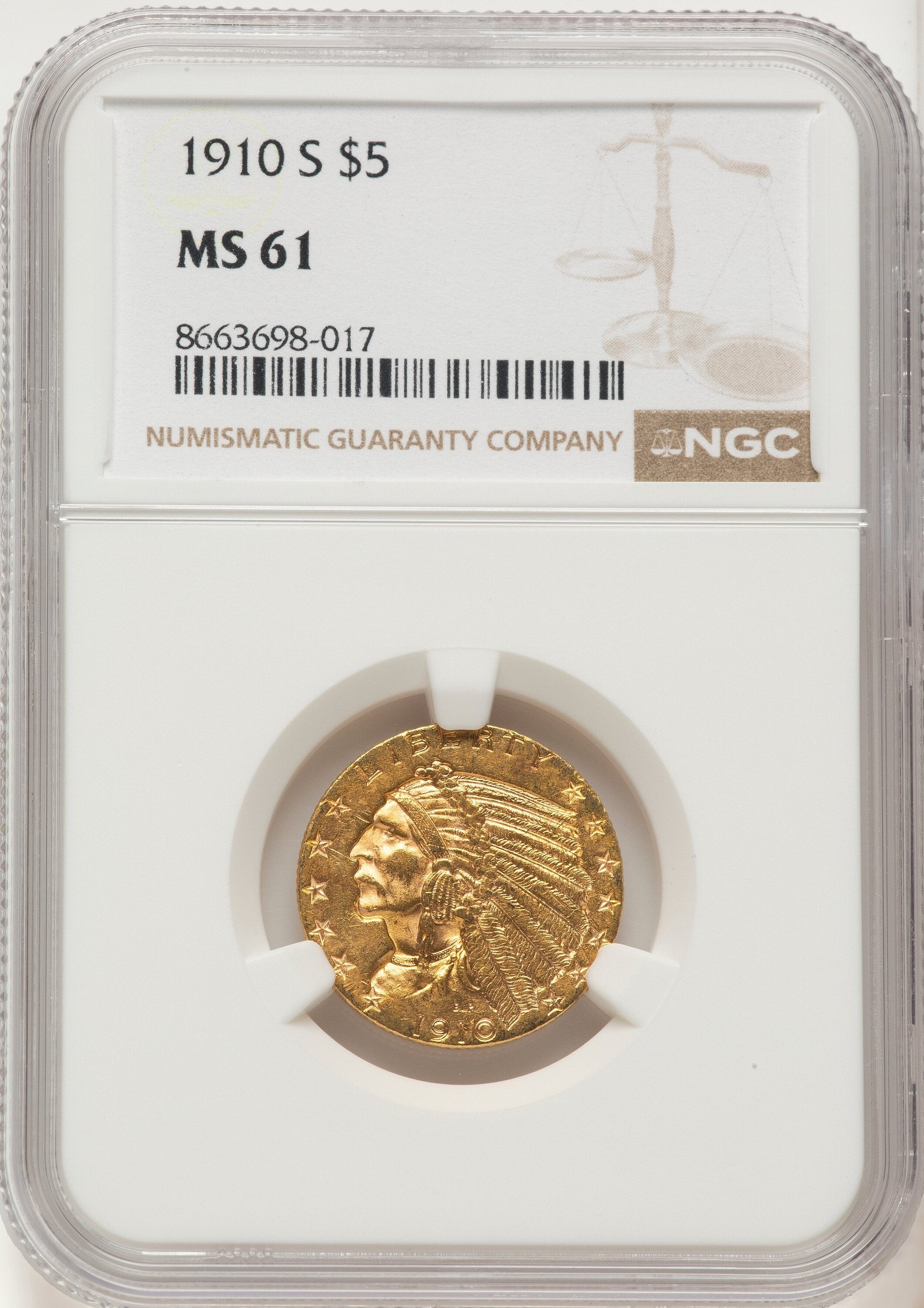 1910-S $5 Indian Half Eagle NGC MS61